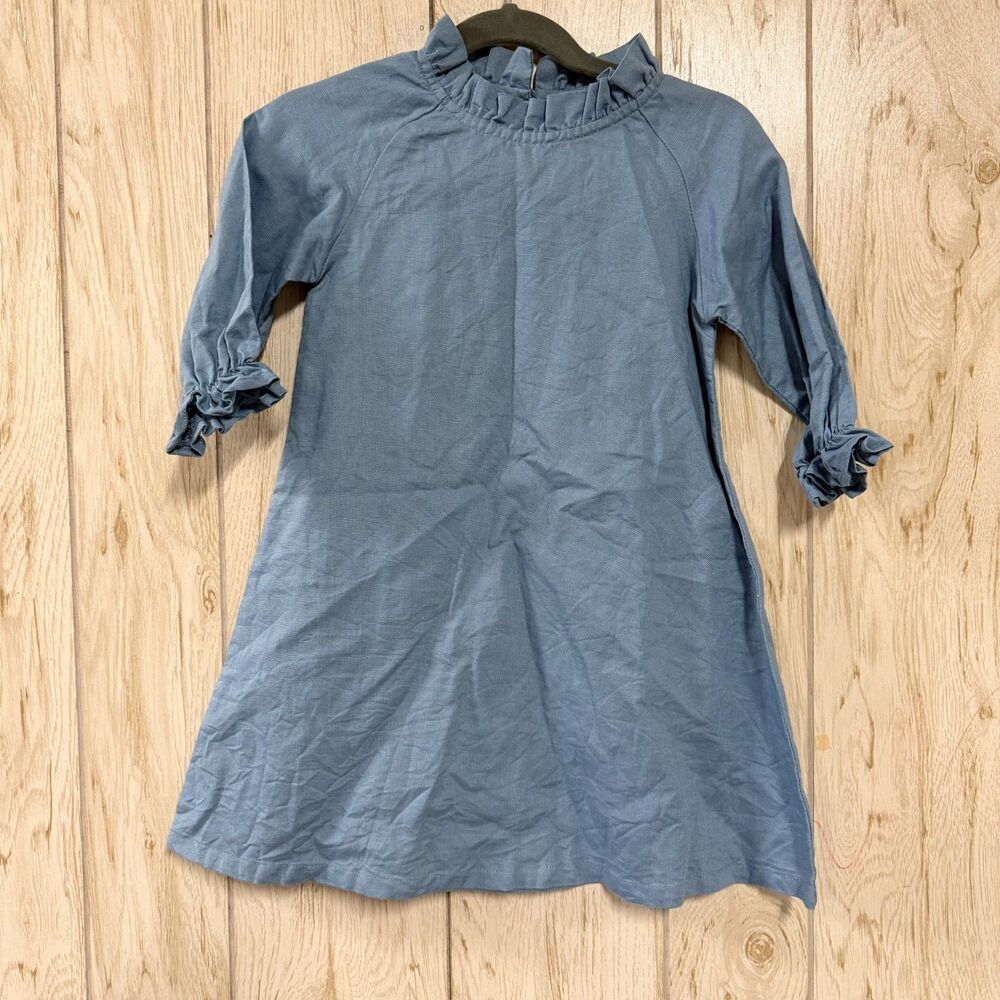 Linen Michael Simple Style Blue Long Sleeve Ruffle Dress 2-3Y